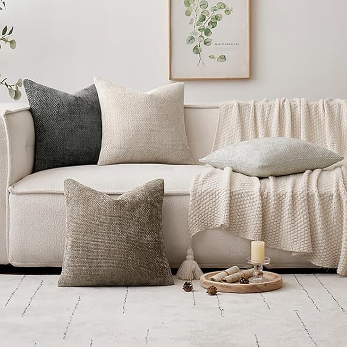 Pack of 4 Couch Throw Pillow Covers 18x18 Inch Neutral Soft Decorative Chenille Pillow Covers Farmhouse Boho Cushion Covers for Mid Century Modern Home Decor Sofa Bedroom Living Room