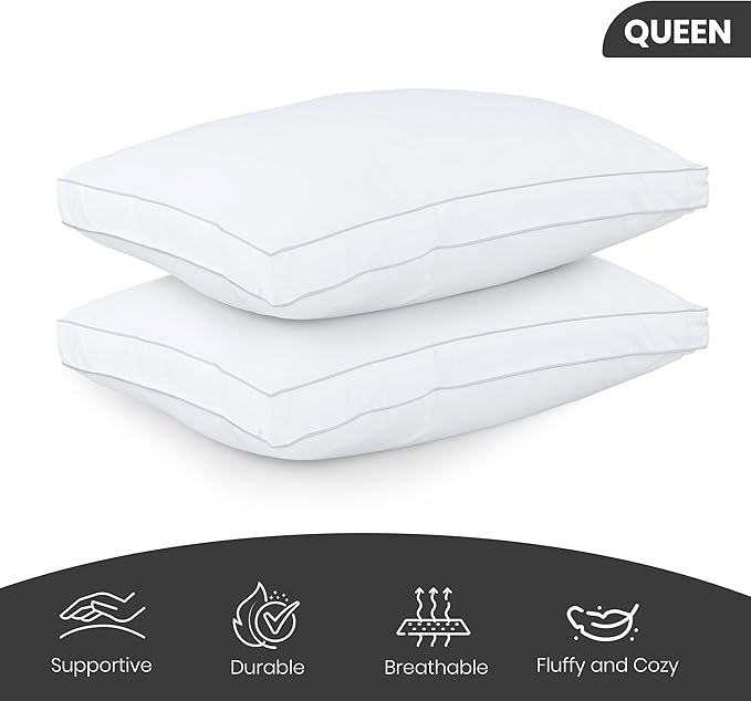 Set of 2, Cloud - like White Pillows with Subtle Gray Stitching, Soft and Sleep - Friendly