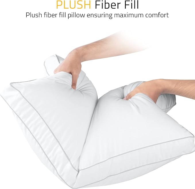 Set of 2, Cloud - like White Pillows with Subtle Gray Stitching, Soft and Sleep - Friendly