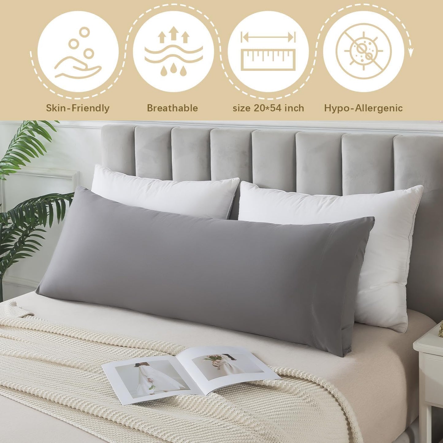 Memory Foam Body Pillow with Pillowcase, Soft Large Long Bed Pillow for Adults, Breathable Full Body Pillow with Removable Pillow Cover - Dark Grey