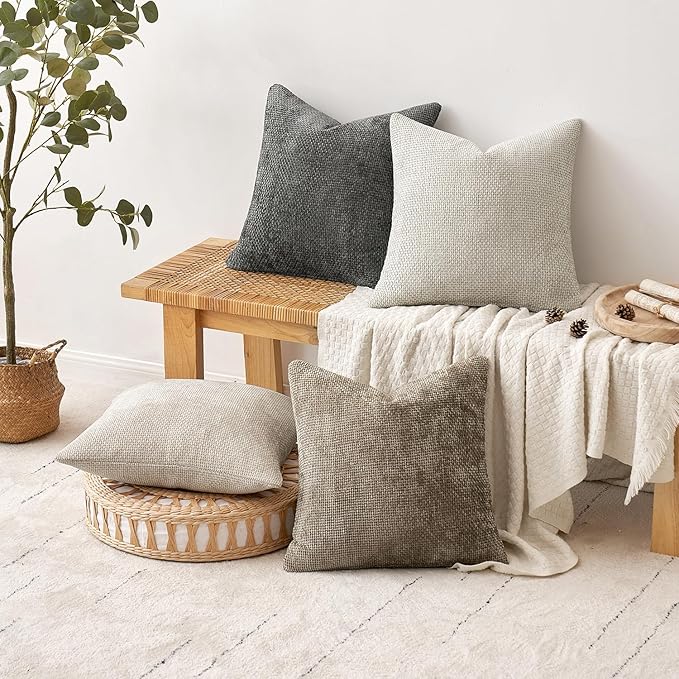 Pack of 4 Couch Throw Pillow Covers 18x18 Inch Neutral Soft Decorative Chenille Pillow Covers Farmhouse Boho Cushion Covers for Mid Century Modern Home Decor Sofa Bedroom Living Room