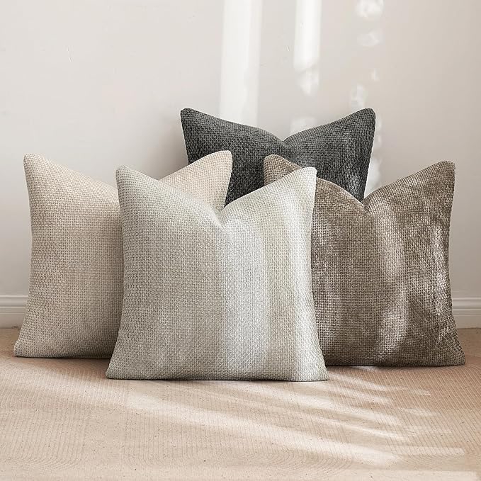 Pack of 4 Couch Throw Pillow Covers 18x18 Inch Neutral Soft Decorative Chenille Pillow Covers Farmhouse Boho Cushion Covers for Mid Century Modern Home Decor Sofa Bedroom Living Room