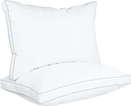 Set of 2, Cloud - like White Pillows with Subtle Gray Stitching, Soft and Sleep - Friendly