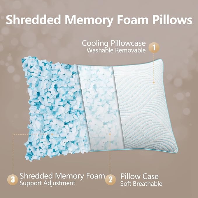 Pillows King Size Set of 2 Cooling Memory Foam Pillows for Sleeping Adjustable Medium Firm Back and Side Sleeper