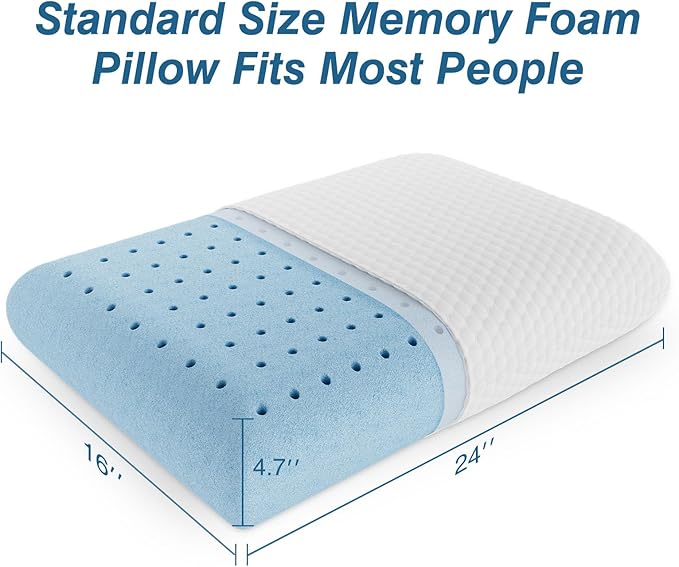 Memory Foam Pillow, Standard Size Pillows for Sleeping, Bed Pillow Soft and Comfortable, Cooling Hotel Pillow for Side Sleeper, Removable, Machine Washable Cover, 1 Pack, 24IN x 16IN